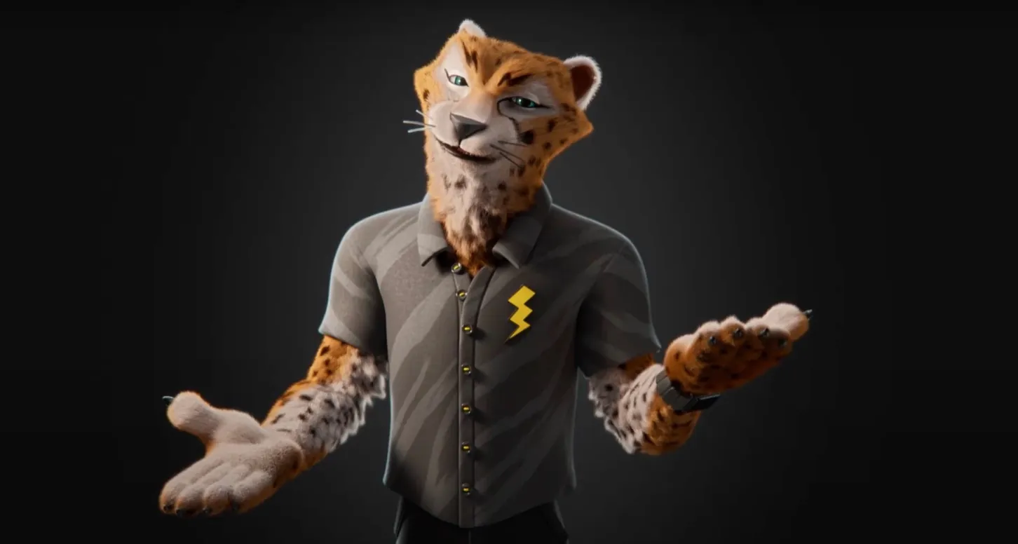 Betfirst cheetah-mascotte met bliksemembleem in een donkere studio